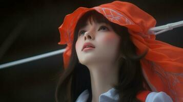 Dreamy asian woman in a transparent orange hat.. Generative AI photo