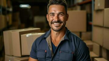 Smiling cargo man in shirt in warehouse environment.. Generative AI photo