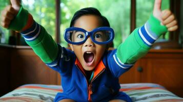 A young boy with glasses expressing excitement.. Generative AI photo