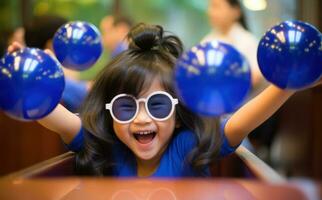 Little girl wearing big glasses while balloons are flying around. Generative AI photo