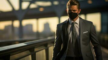 Well-dressed man wearing a protective mask walking in a modern building.. Generative AI photo