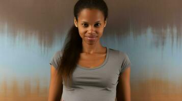 Woman posing in front of a distressed wall wearing a gray African American t-shirt. Generative AI photo