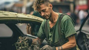 joven masculino trabajador trabajando en complejo Tareas con coche partes.. generativo ai foto