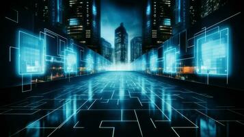 Digital highway leading towards the city. Generative AI photo