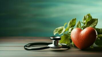 Stethoscope and red heart with fruits reminding of health in the background.. Generative AI photo