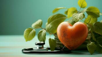 Stethoscope and red heart with fruits reminding of health in the background.. Generative AI photo