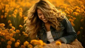 Beautiful woman enjoying a golden autumn.. Generative AI photo