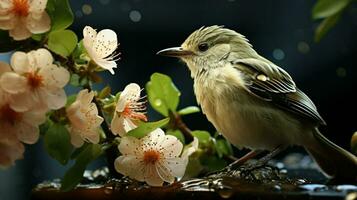 pájaro encaramado en un rama con cierne flores.. generativo ai foto