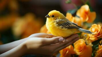 Hand holding a yellow canary.. Generative AI photo