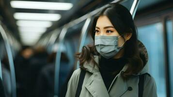 Woman with a mask waiting inside a train.. Generative AI photo