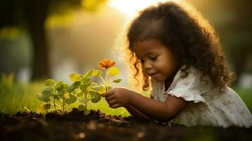 pequeño niña suavemente toques un joven planta en luz de sol. generativo ai foto