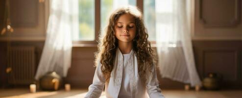 Close-up of a little girl with curly hair, deeply focused.. Generative AI photo