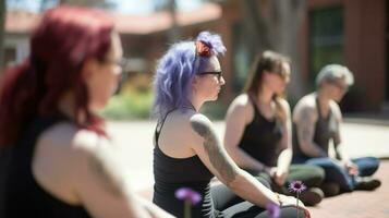 Diverse group of women practicing yoga together.. Generative AI photo