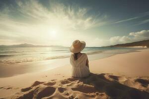 Woman sitting seashore. Generate Ai photo