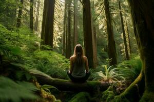 Woman meditate forest. Generate Ai photo