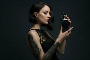 mujer tatuaje perfume. generar ai foto