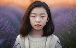 Asian girl lavender field. Generate Ai photo