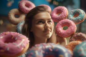 Woman standing donuts. Generate Ai photo