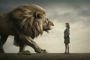 Woman against lion. Generate Ai photo
