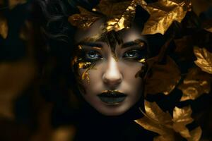 Woman golden leaves. Generate Ai photo