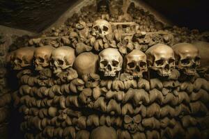 Underground tomb skeleton wall. Generate Ai photo