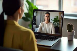 Woman video conference desk laptop. Generate Ai photo
