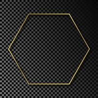 Gold glowing hexagon frame with shadow isolated on dark background. Shiny frame with glowing effects. Vector illustration.