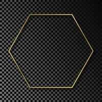 Gold glowing hexagon frame with shadow isolated on dark background. Shiny frame with glowing effects. Vector illustration.