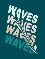 Illustration and lettering with the word waves distorted, simulating a surfer riding a wave. Vector art for print on t-shirts, posters and etc.