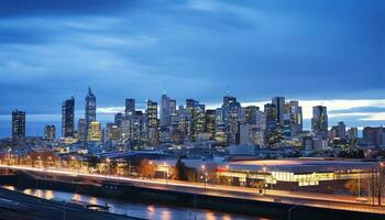 romantic city skyline in the evening dusk sunset with cloudy sky above AI generated photo