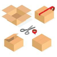 Set of cardboard boxes with scissors and tape vector