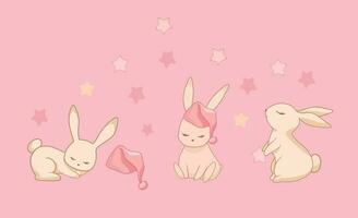 Vector illustration of rabbits with a hat and stars around them. Delicate art in soft tones.