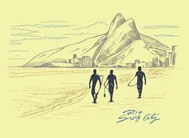 Vector illustration of silhouette of surfers walking on the beach with tropical landscape in the background. Art in stripped strokes, in simple strokes in sketch style. Drawing for print on t-shirts,