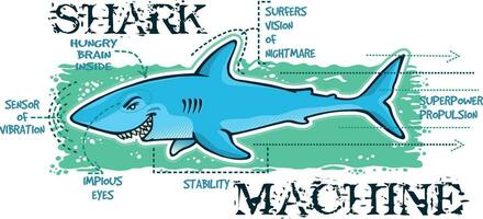 tiburón vector ilustración en dibujos animados estilo. Arte con gracioso comentarios acerca de algunos de el de tiburón anatómico características. diseño para huellas dactilares en para niños camisetas, carteles, etc.
