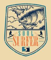 Vector illustration of emblem with surfing elements. Art for printing on t-shirts, etc.