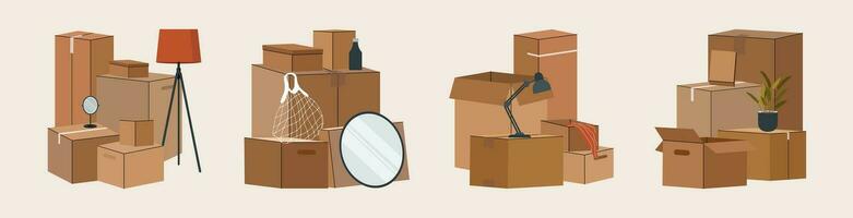 Set of isolated cardboard boxes for moving. vector