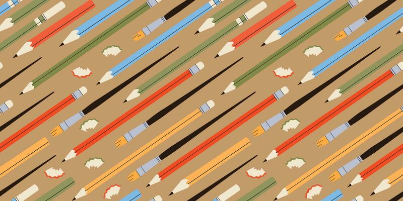 Seamless pattern with various pencils and crayons