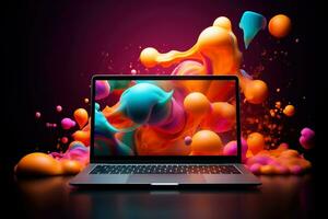 Mockup of beautiful laptop with multicolor background, Generative AI illustration photo