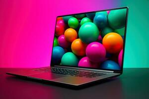 Mockup of beautiful laptop with multicolor background, Generative AI illustration photo