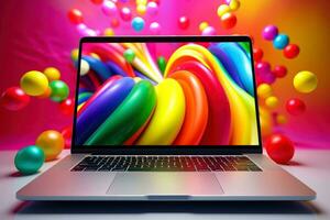 Mockup of beautiful laptop with multicolor background, Generative AI illustration photo