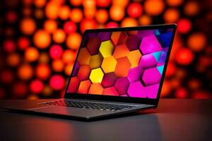 Mockup of beautiful laptop with multicolor background, Generative AI illustration photo