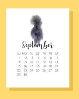 September calendar 2024 with hand drawn watercolor black cat. Calendar 2024. Autumn calendar 2024 with cute, fluffy cat. vector