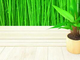 Wooden table on bamboo plant background ai generated photo