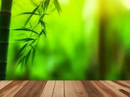 Wooden table on bamboo plant background ai generated photo