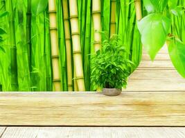 Wooden table on bamboo plant background ai generated photo