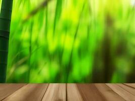 Wooden table on bamboo plant background ai generated photo