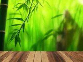 Wooden table on bamboo plant background ai generated photo