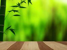 Wooden table on bamboo plant background ai generated photo