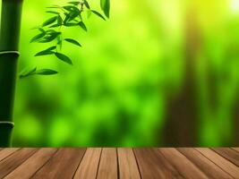 Wooden table on bamboo plant background ai generated photo