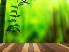 Wooden table on bamboo plant background ai generated photo